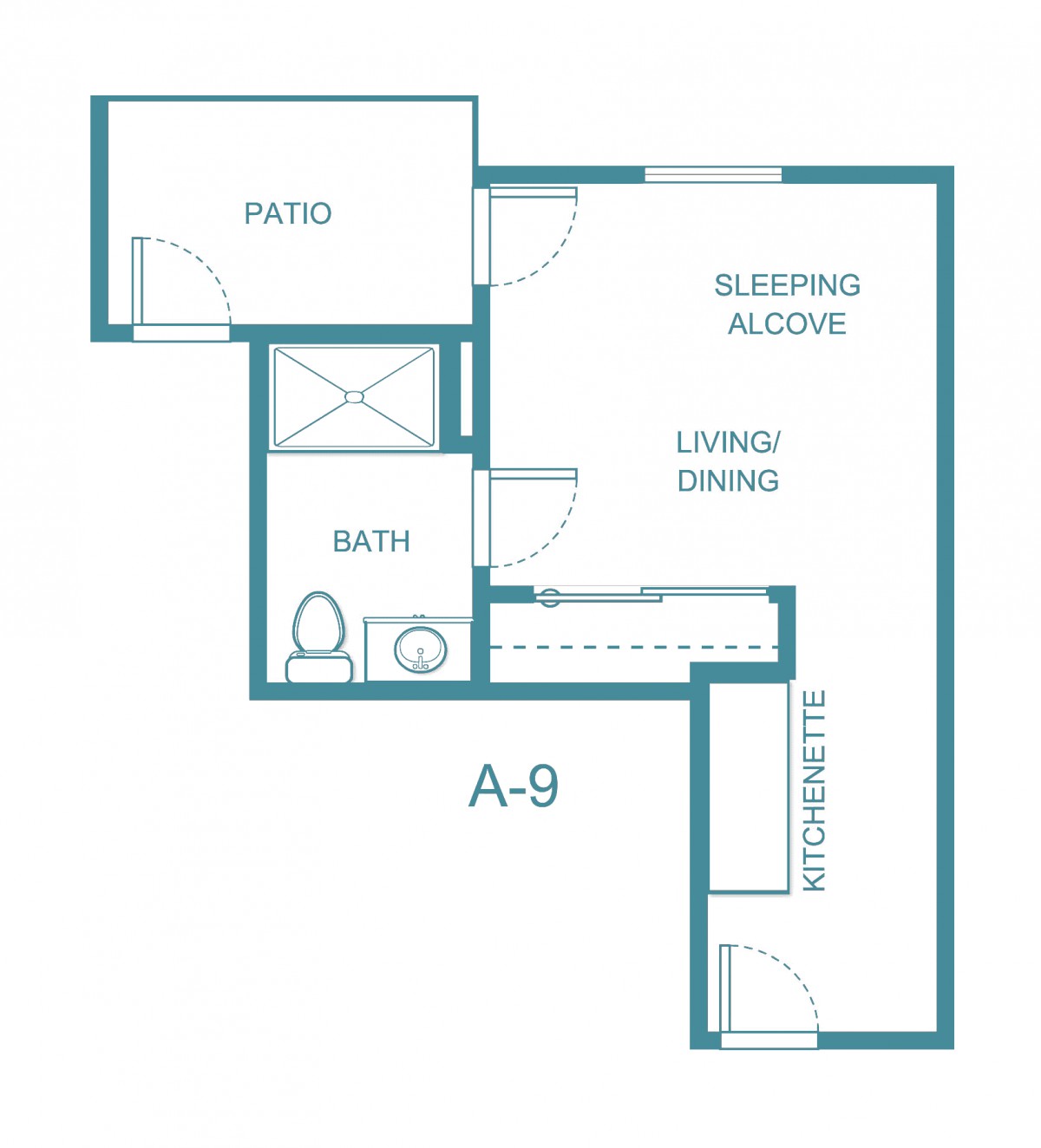A studio apartment floor plan featuring a sleeping alcove, living/dining area, kitchen, bathroom, and patio.