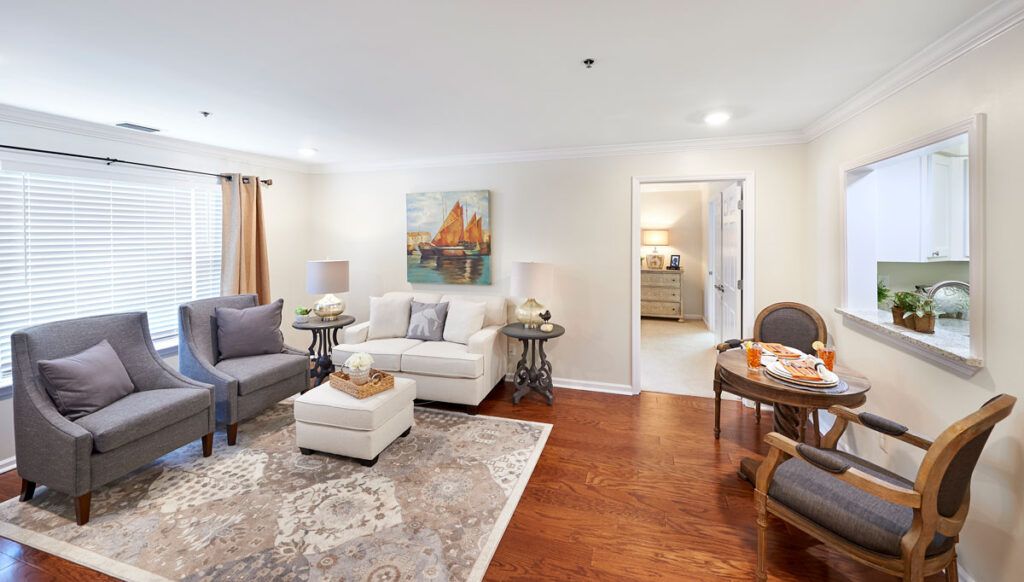 A cozy living room with modern furniture and decor.