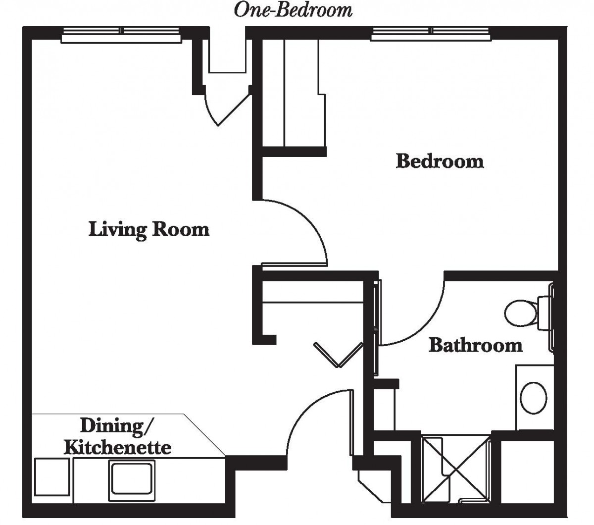 A floor plan for a one-bedroom apartment featuring a living room, bedroom, bathroom, dining area, and kitchenette.