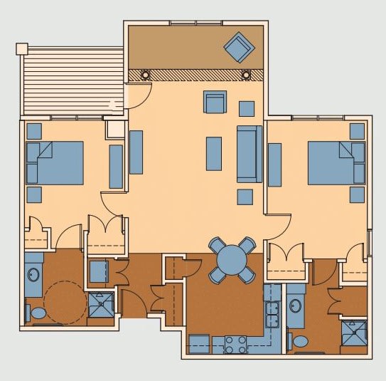 An architectural floor plan showcasing the layout of an apartment with multiple rooms.