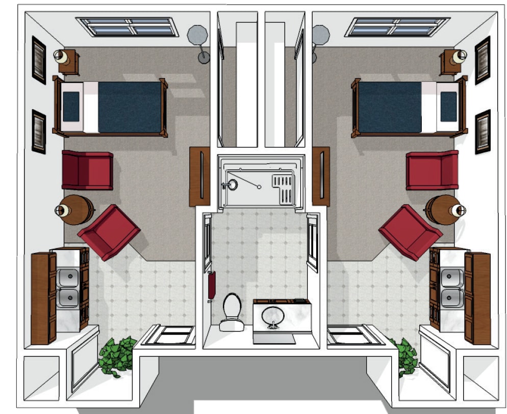 A detailed floor plan of a two-bedroom apartment with a shared bathroom and living space.
