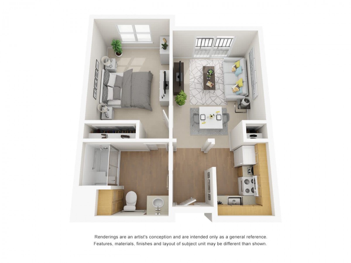 3D floor plan of a one-bedroom apartment featuring a kitchen, living area, bedroom, and bathroom.