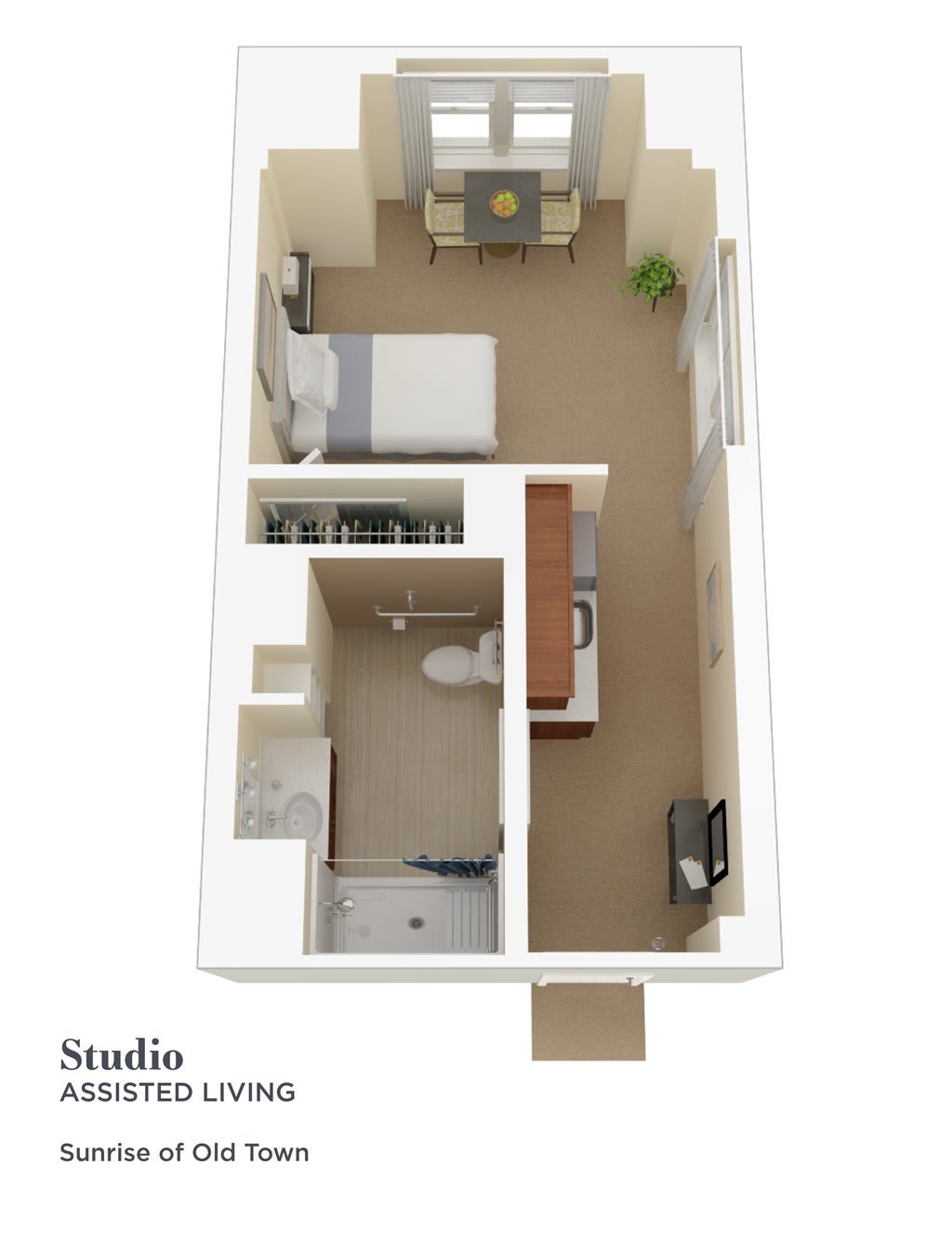 3D floor plan of a studio apartment with a combined living and sleeping area, kitchenette, and bathroom.