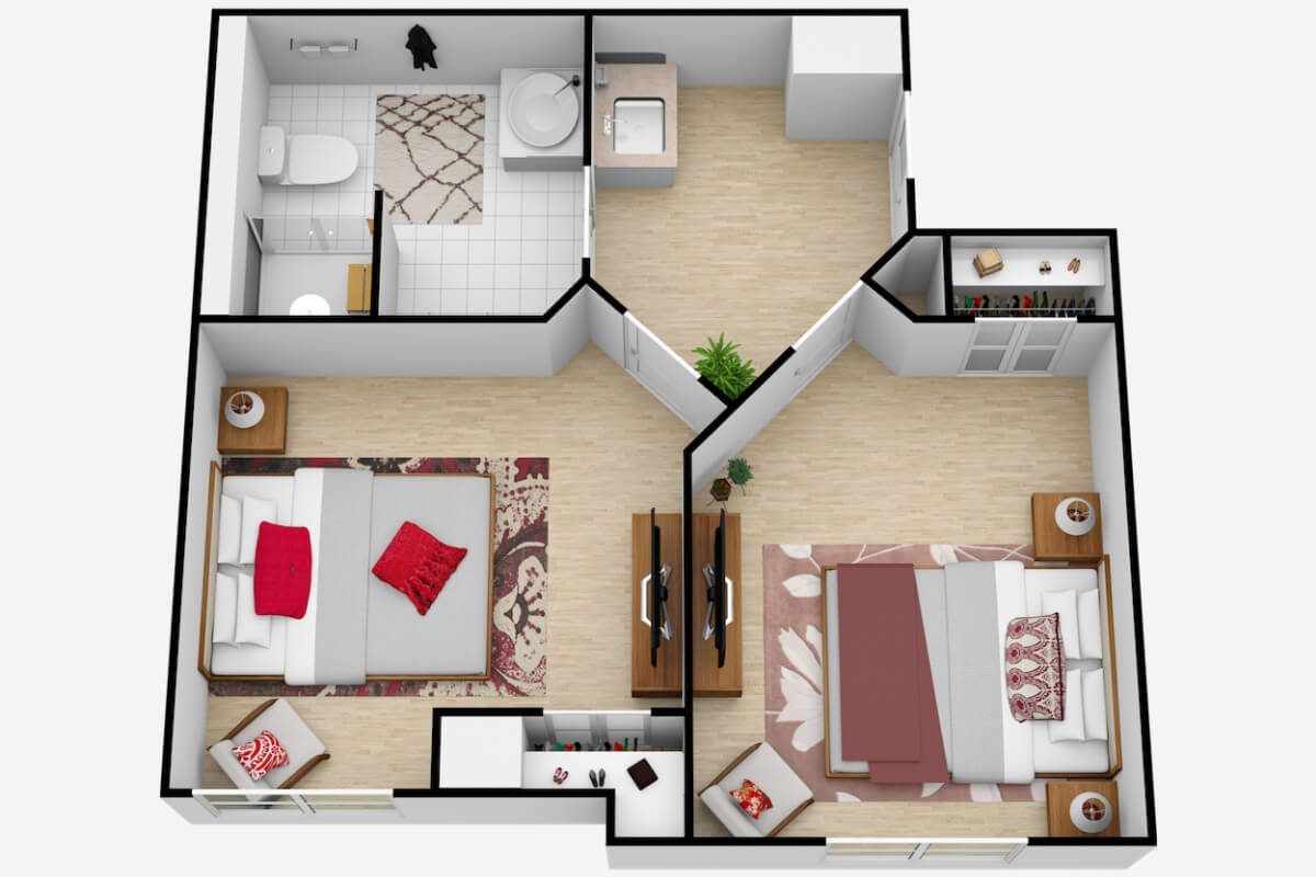 A 3D floor plan of a two-bedroom apartment with a bathroom, kitchen, and living area.