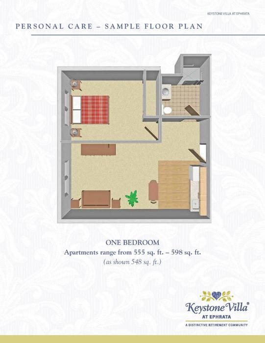 Floor plan of a one-bedroom apartment with furniture layout.