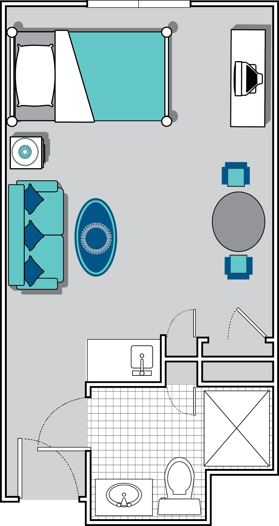 A floor plan depicting a living room with a sofa, dining table, chairs, and a rug.