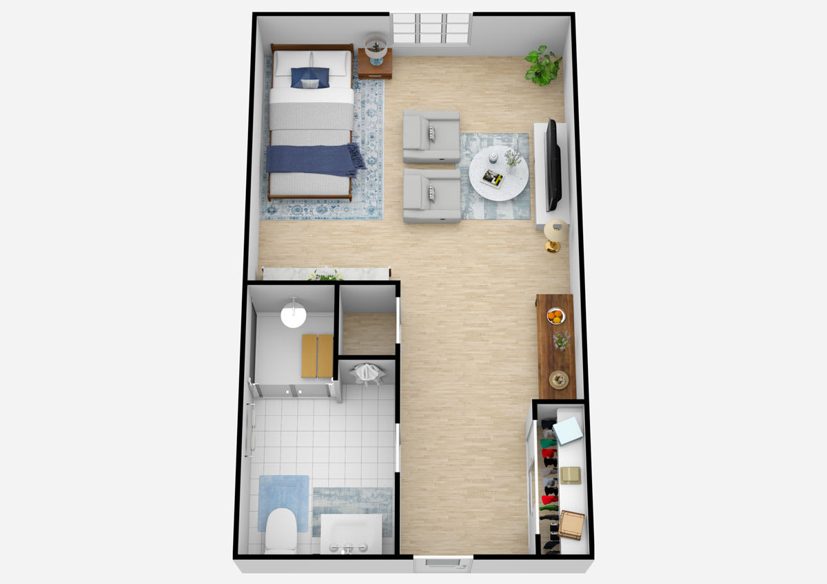 A 3D floor plan of a one-bedroom apartment featuring a living room, kitchen, and bathroom in a minimalist design.