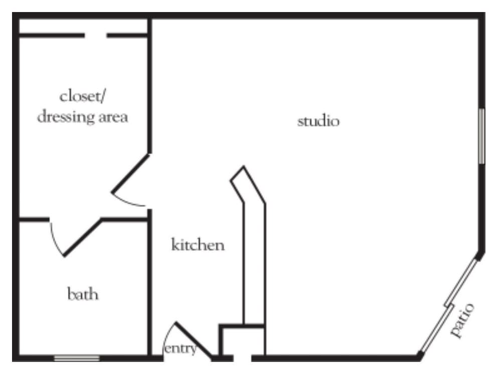 A floor plan of a studio apartment with labeled areas for the kitchen, closet/dressing area, bath, and entry.