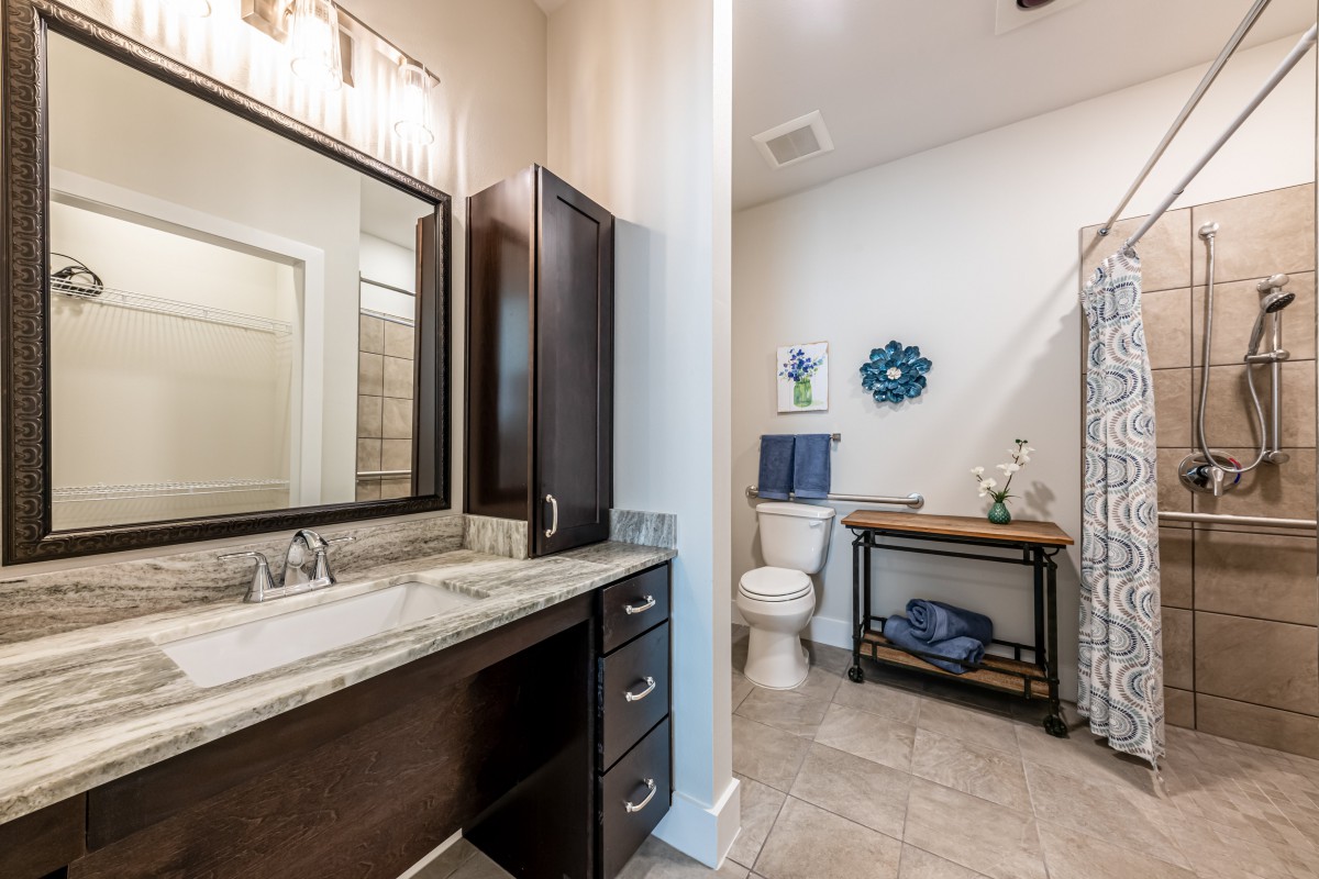 A modern bathroom with a sleek design, featuring a sink with a large mirror, dark cabinets, and decorative elements.