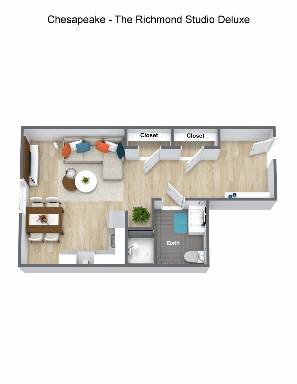 A 3D floor plan of a one-bedroom apartment featuring a living room, kitchen, bathroom, and closets.