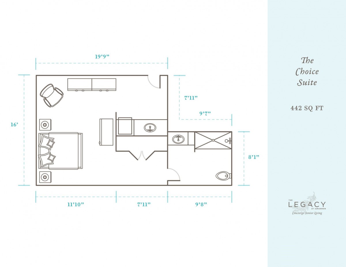A floor plan depicting the layout of a compact living space, including areas for a bedroom, kitchen, living room, and bathroom.