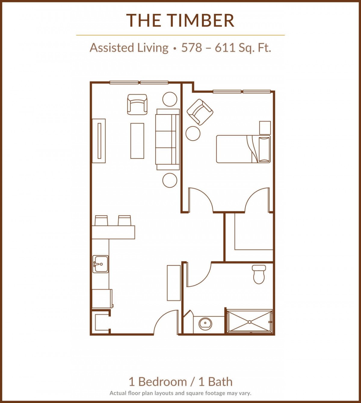 The Timber: Assisted Living Floor Plan (579 - 611 Sq. Ft.)