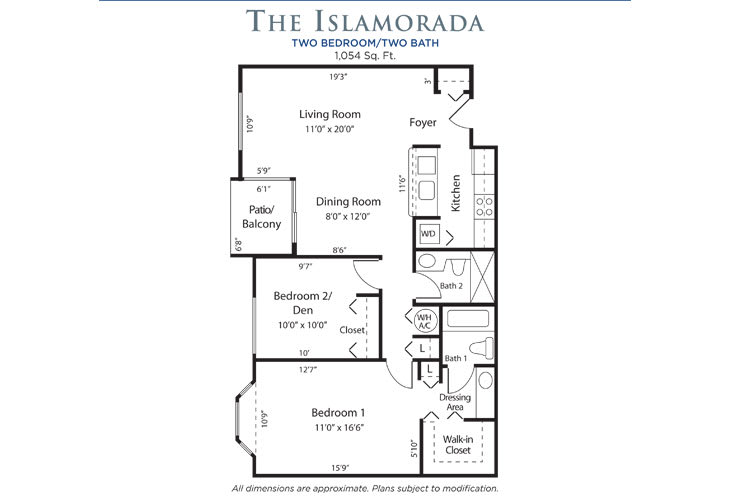 Floor plan of a two-bedroom apartment named 'The Islamorada', measuring 1256 sq. ft.
