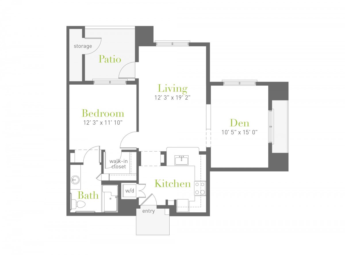 A floor plan of a one-bedroom apartment featuring a patio, living room, den, kitchen, bathroom, and bedroom.