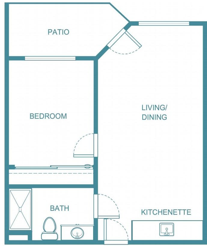 A simple one-bedroom apartment floor plan with a kitchenette, living/dining area, bathroom, and patio.