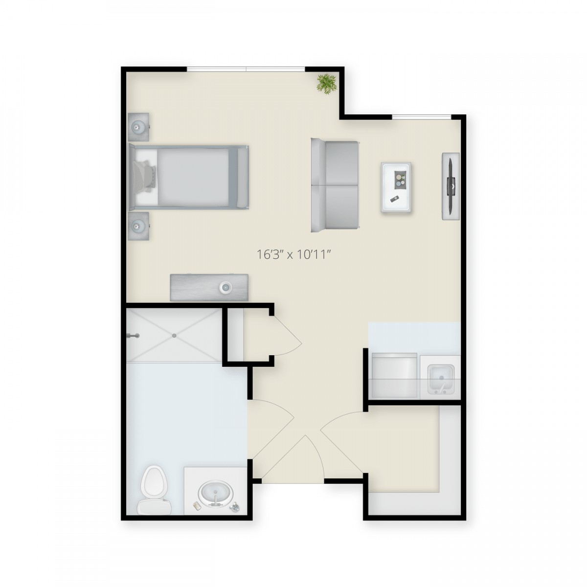 A simple apartment floor plan showing the arrangement of rooms.