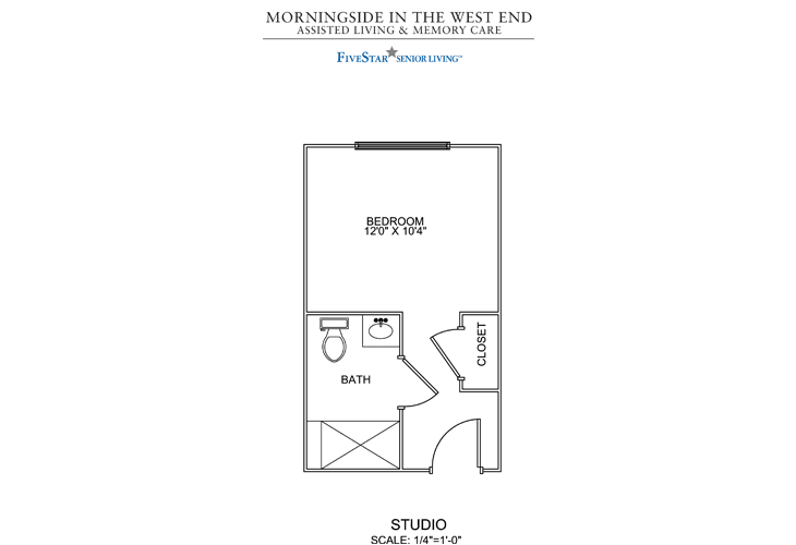 This image shows the floor plan of a studio apartment, highlighting the layout with designated areas for living space, bathroom, and closet.