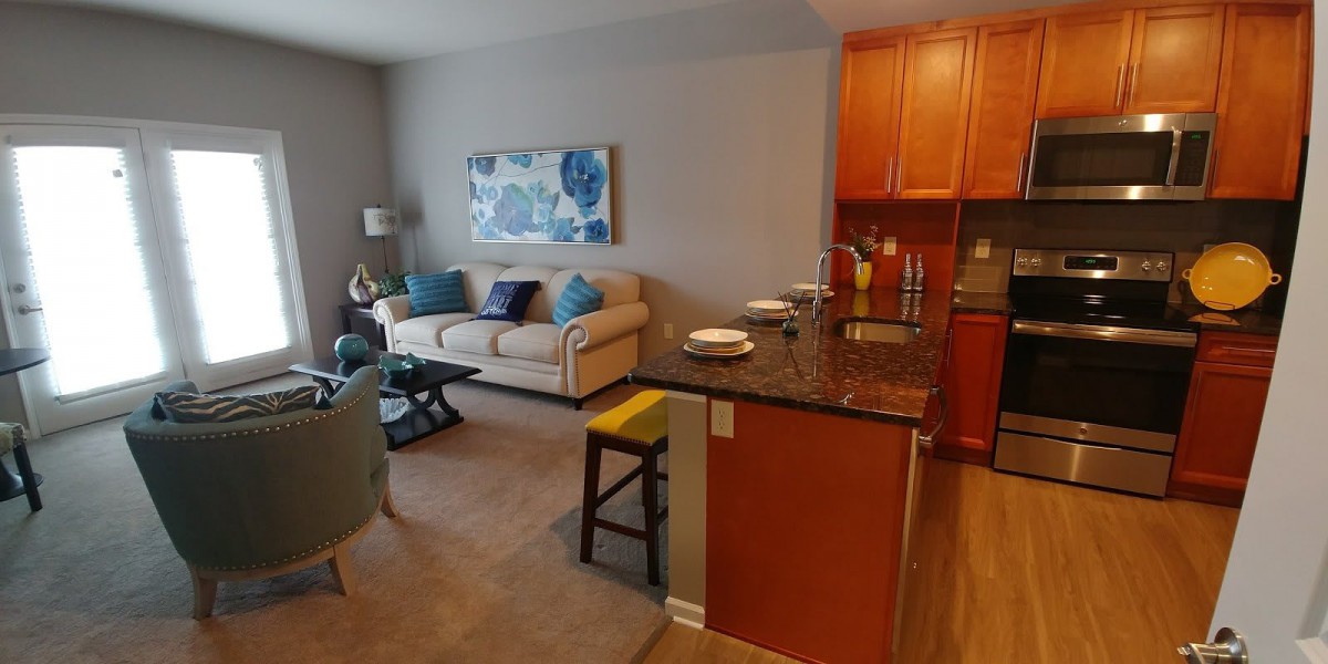 A modern apartment with an open layout featuring a cozy living room and kitchen area.