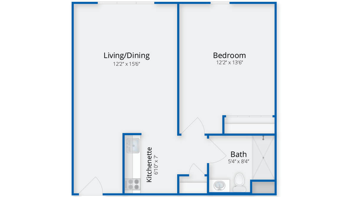 Floor plan of a one-bedroom apartment with labeled dimensions for each room.