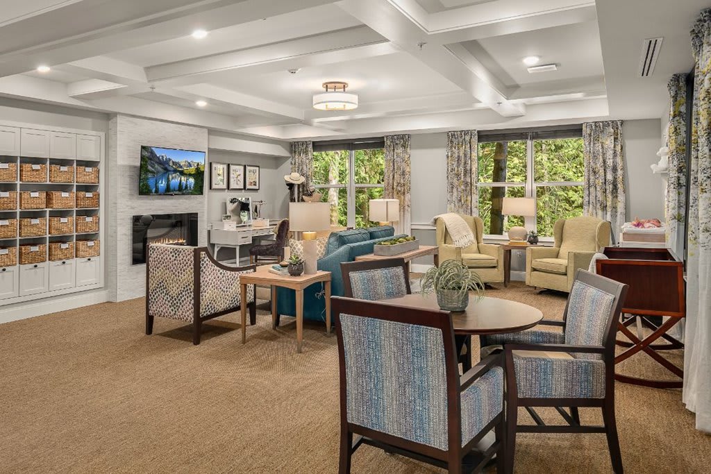 A cozy living room with a seating area, fireplace, and television, featuring large windows and elegant decor.
