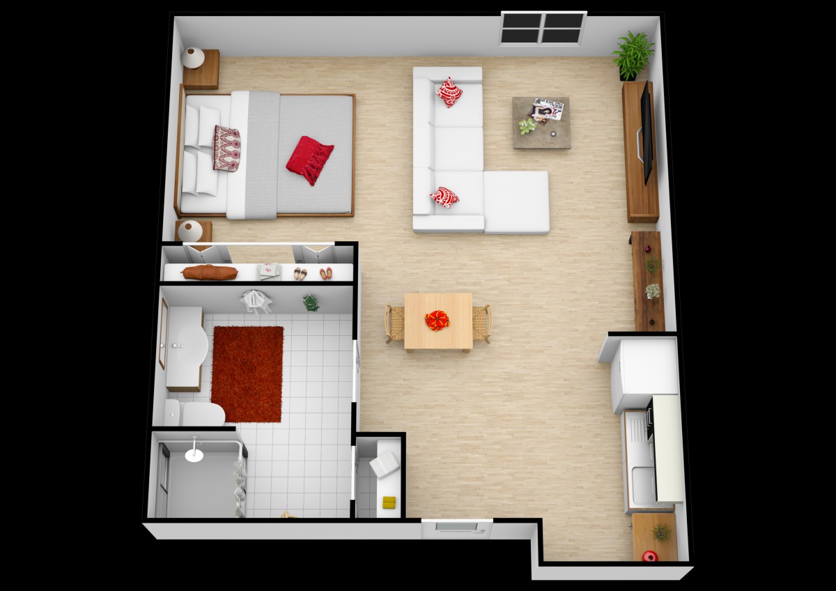 A 3D floor plan of an apartment showcasing a living room, kitchen, bedroom, and bathroom.