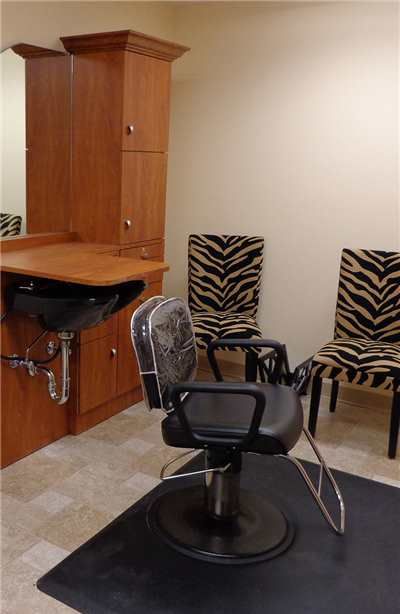 A well-organized hair salon interior featuring zebra print chairs and a styling station.