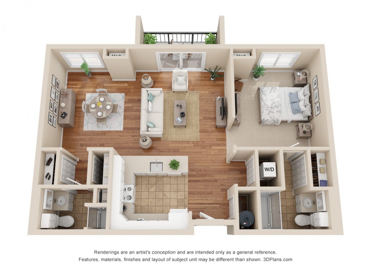 A 3D floor plan of a two-bedroom apartment featuring a living room, kitchen, dining area, bathroom, and a balcony.