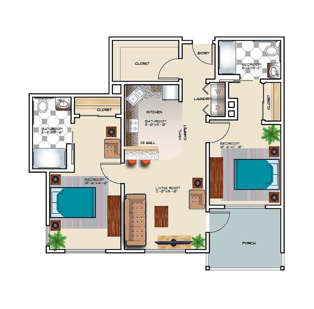 A floor plan of a two-bedroom apartment with a living room, kitchen, bathroom, and balcony.