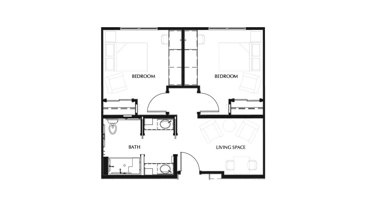 A floor plan of a two-bedroom apartment with a living space and bathroom.