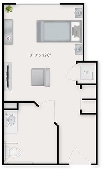Studio apartment floor plan with room dimensions.