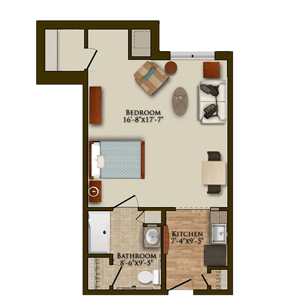 A floor plan of a studio apartment showing the layout of living and sleeping areas, kitchen, and bathroom.