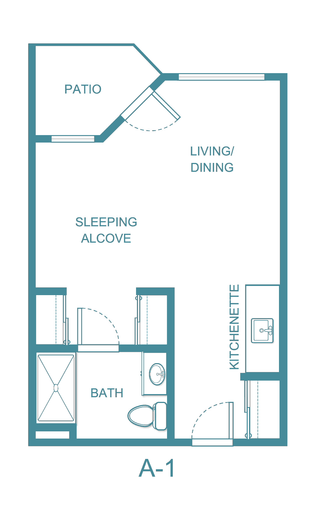 A floor plan of a studio apartment featuring a sleeping alcove, kitchenette, and bathroom.