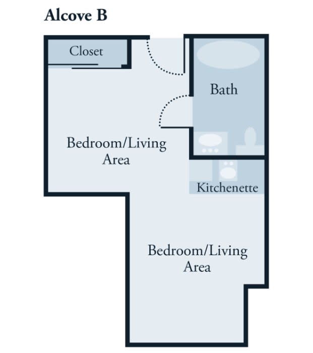 Studio apartment floor plan with a combined bedroom and living area, kitchenette, bath, and closet.