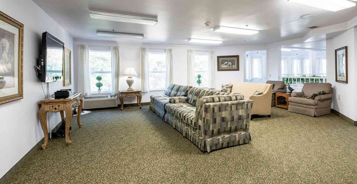 A cozy living room with a patterned sofa, carpeted floor, and several windows letting in natural light.