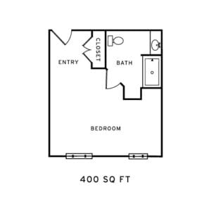 A simple 400 square foot studio apartment floor plan with an entryway, closet, bathroom, and main living area.