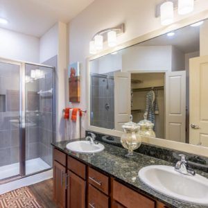 A modern bathroom interior featuring a double sink with granite countertops, a large mirror, and a glass-enclosed shower.