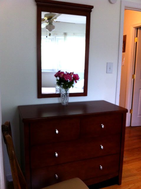 A wooden dresser with a mirror and a vase of flowers in a home interior.