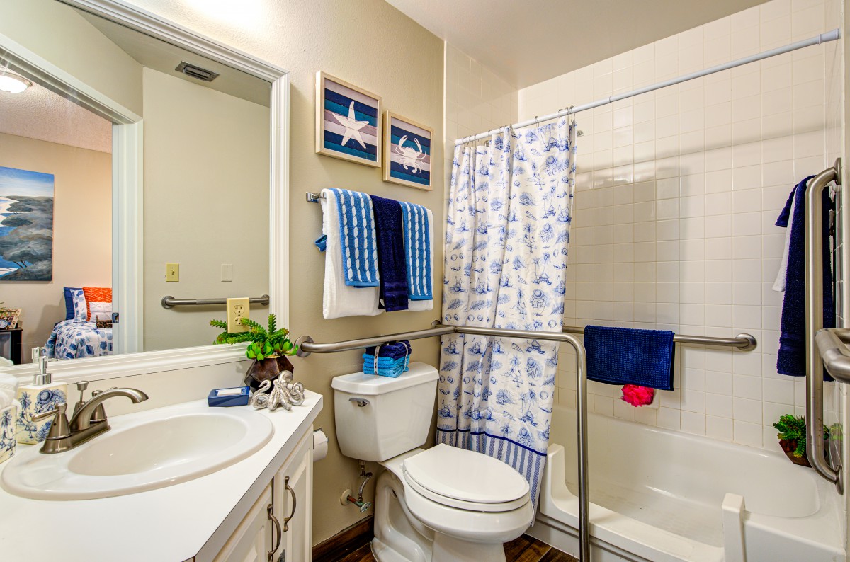 A well-organized bathroom with a shower, toilet, and sink, decorated with blue and white accents.