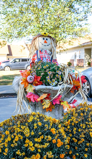 A cheerful scarecrow surrounded by colorful autumn flowers, adding a festive touch to the garden.