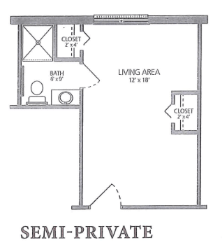 A diagram of a semi-private room layout featuring a living area, bathroom, and closet spaces.