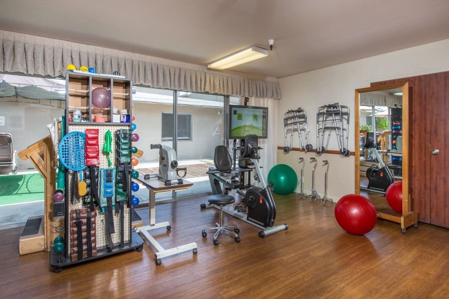 A well-equipped indoor gym with various exercise machines and therapy tools.