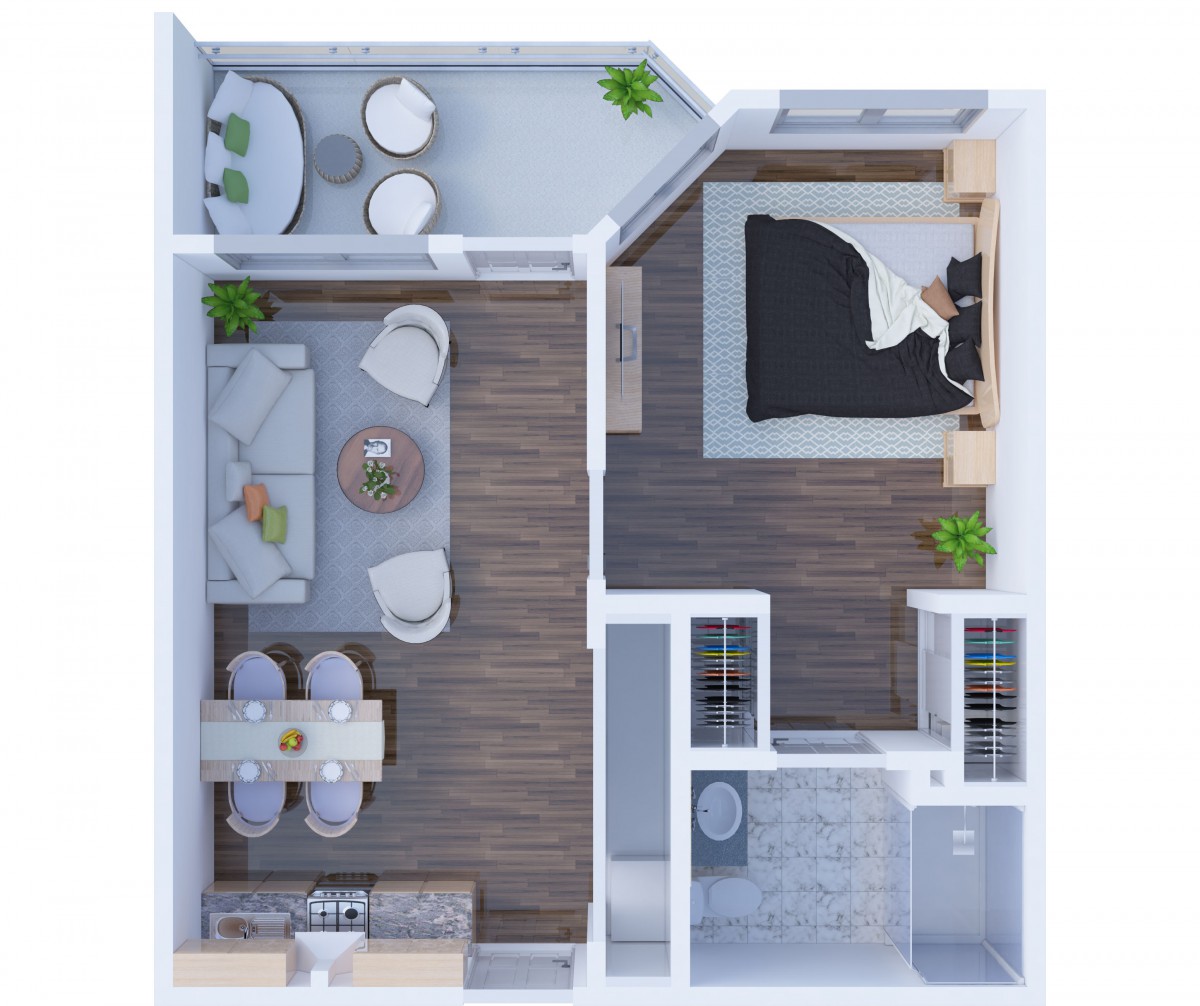A detailed floor plan of a modern apartment featuring a living room, bedroom, kitchen, and bathroom.