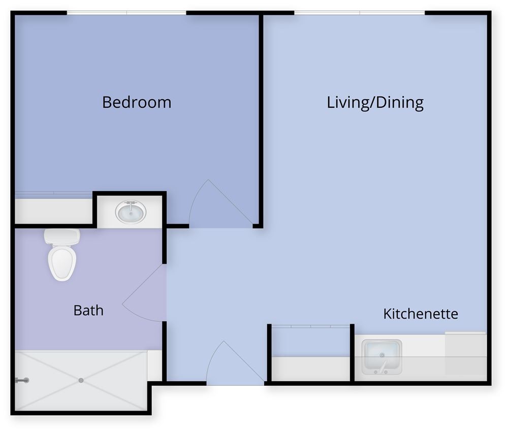 A simple floor plan of an apartment featuring one bedroom, a bathroom, and a combined living/dining and kitchenette area.