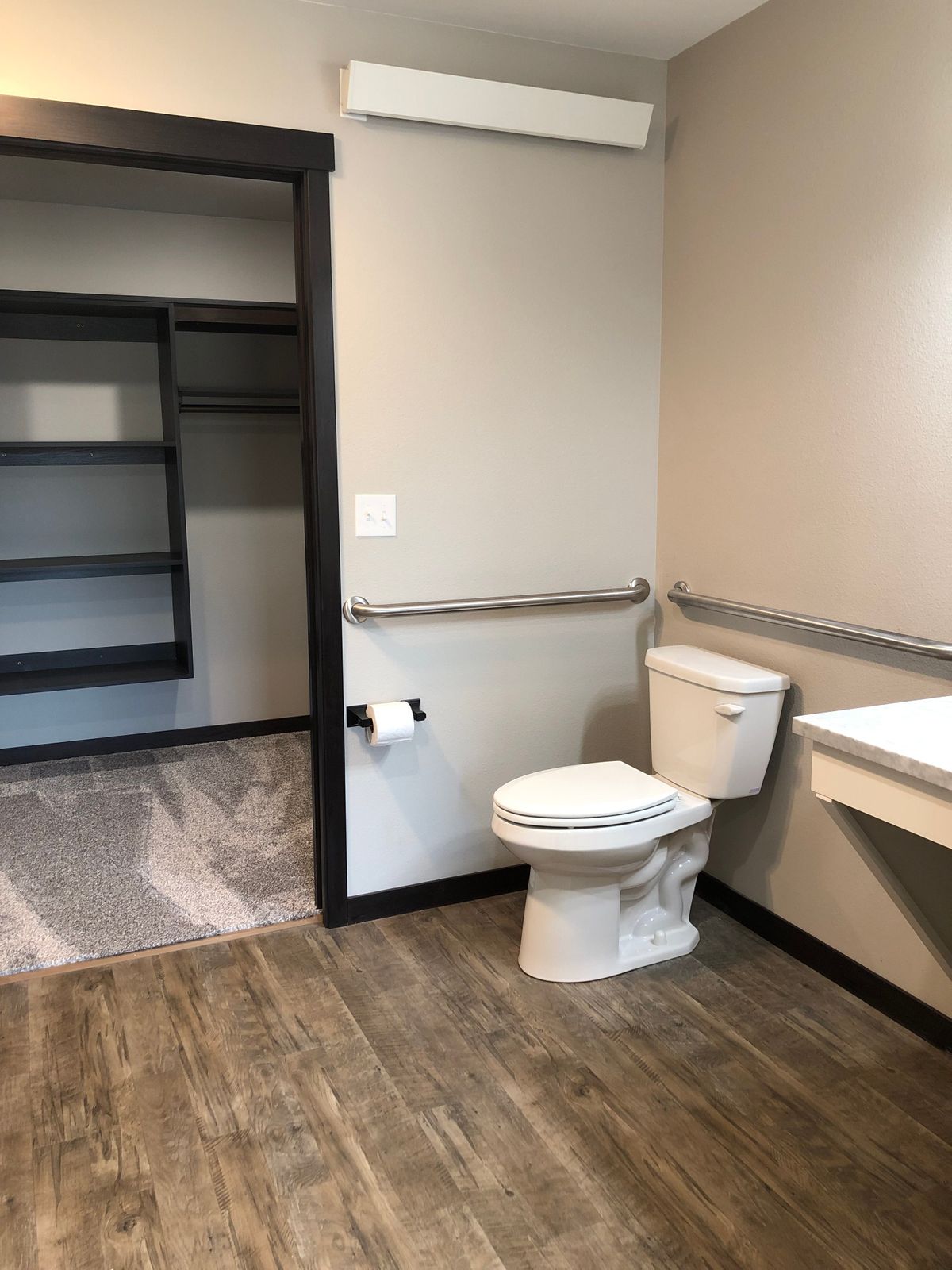 Modern accessible bathroom with grab bars, a toilet, sink, and walk-in closet.