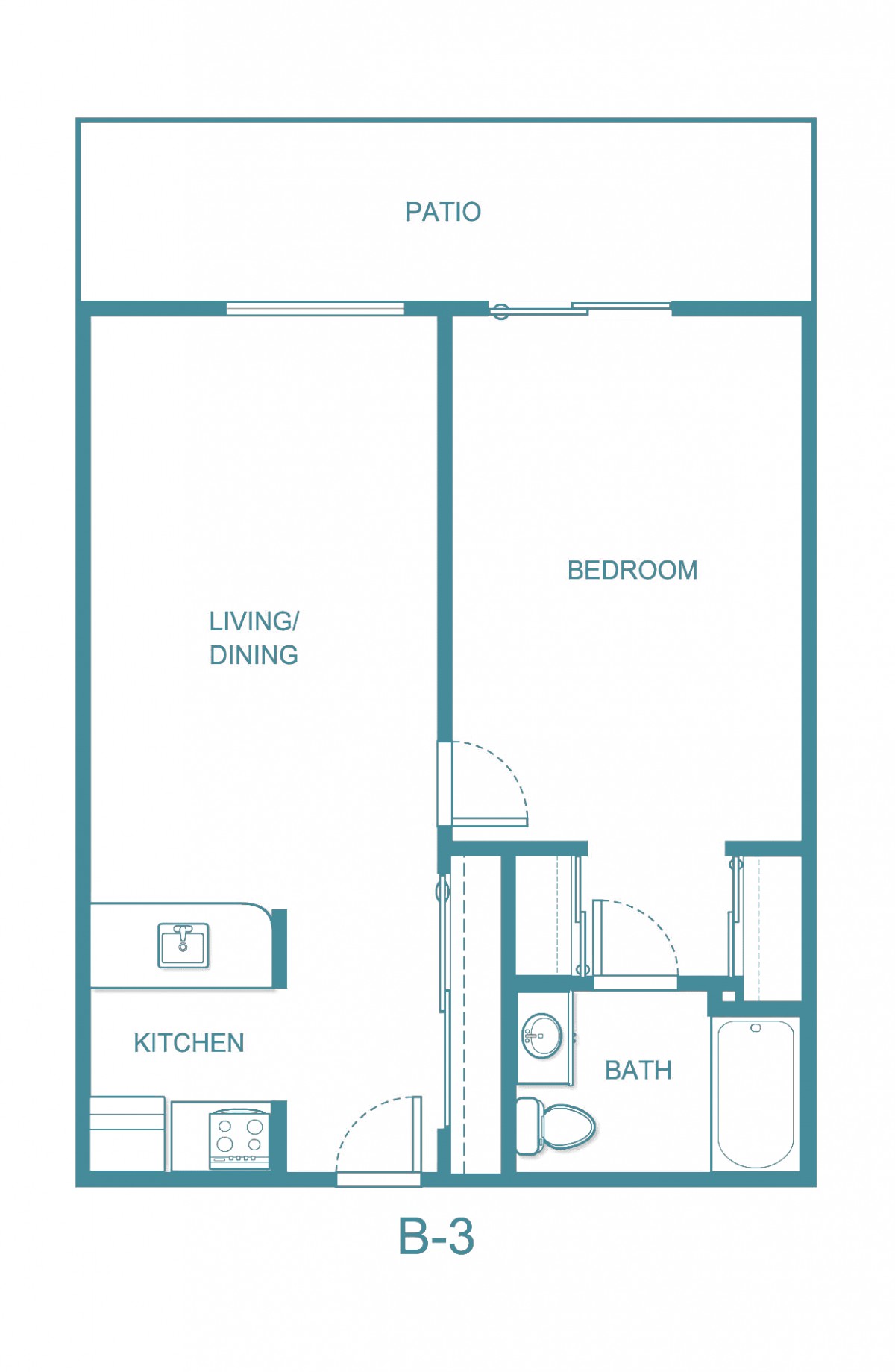 A floor plan of a 1-bedroom apartment featuring a living/dining area, kitchen, and bathroom.