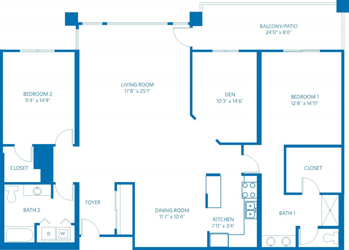 A detailed floor plan of an apartment, showing various rooms and dimensions.
