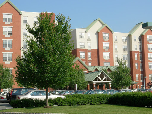 A modern hotel surrounded by greenery and parked cars.