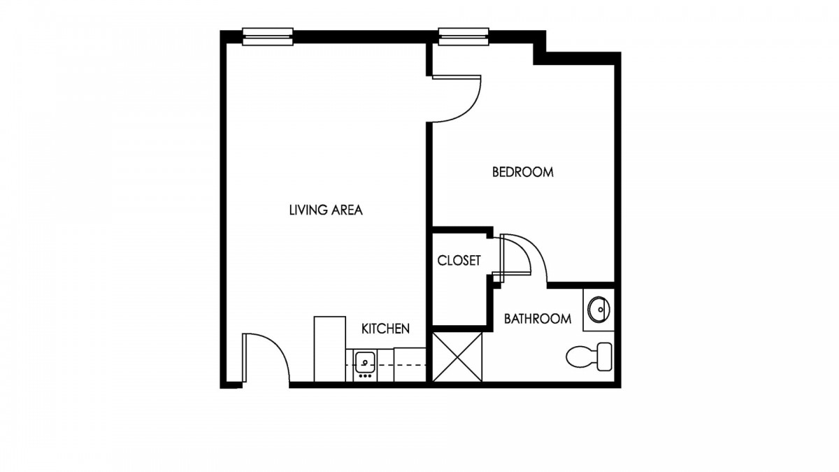 A floor plan of a studio apartment featuring a living area, bedroom, kitchen, bathroom, and closet.
