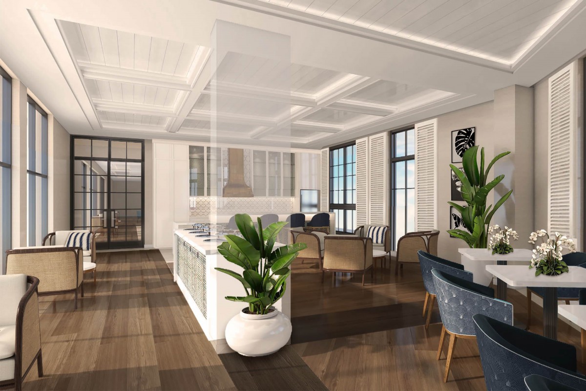 A modern living room with an open layout, featuring comfortable seating and lush green plants.