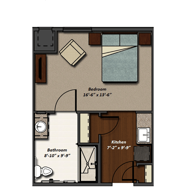 A compact floor plan of a one-bedroom apartment featuring a bedroom, bathroom, kitchen, and living area.